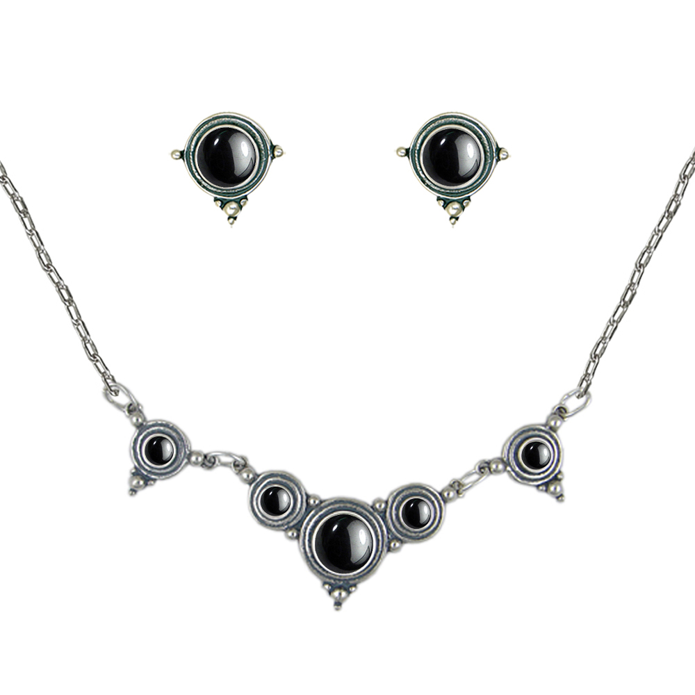 Sterling Silver Designer Necklace Earrings Set in Hematite